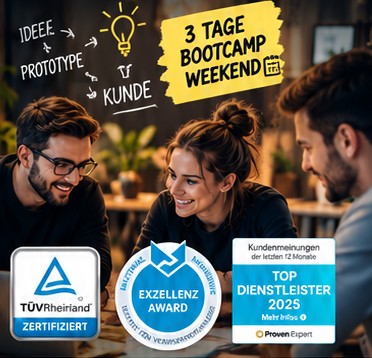 Gründer:innen im Gespräch, dazu Skizze „Idee, Prototyp, Kunde“ und Siegel TÜV Rheinland, Exzellenz Award und Top Dienstleister 2025