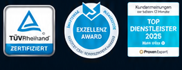 Siegel: TÜV Rheinland zertifiziert, Exzellenz Award, Top Dienstleister 2025 (ProvenExpert)
